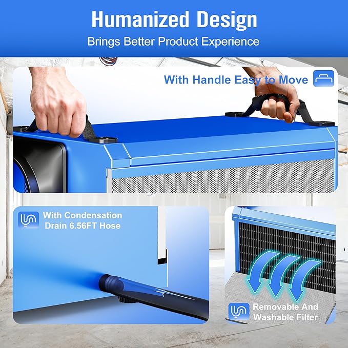 145 Pints Commercial Dehumidifier for Large Basements & Crawl Spaces up to 6500 Sq.Ft, Industrial Dehumidifiers for Water Damage Restoration, Auto Defrost, Continuous Drain Hose, Memory Function, Blue - Image 8