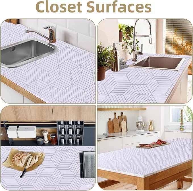 Shelf Liners for Kitchen Cabinets 12in x 10FT, Non Adhesive Cabinet Liner Strong Non-Slip Thickened Silver Geometric Easy to Clean for Shelf, Cabinet, Refrigerator with Knife and Tape Measure - Image 6