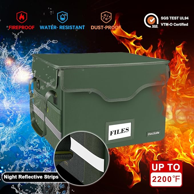 DocSafe Fireproof Document Box with Lock,File Storage Organizer with Pockets,Collapsible Portable File Box Home Office Safe Filing Cabinet with Handle for Hanging Letter/Legal Folders,Green,2 Pack - Image 3