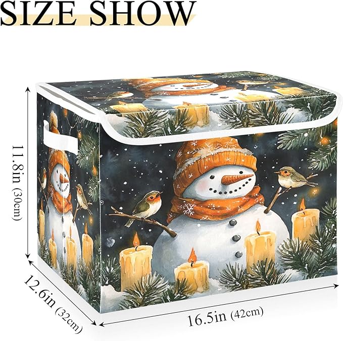 xigua Watercolor Snowman Storage Bins with Lids and Carrying Handle,Foldable Storage Boxes Organizer Containers Baskets Cube with Cover for Home Bedroom Closet Office Nursery - Image 3