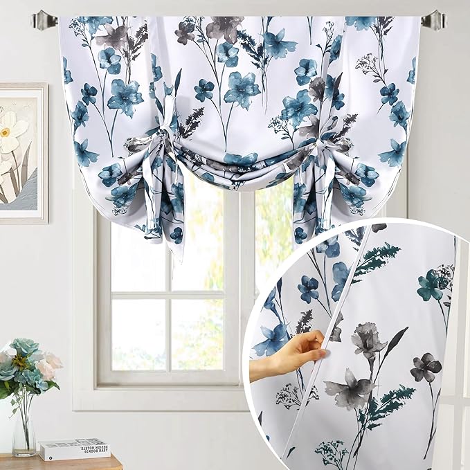 H.VERSAILTEX Tie Up Curtain Double Sided Cattleya Floral Printed Window Valance Balloon Roman Curtain, Rod Pocket 1-Pack, Reversible in Blue/Teal, W 42 x L 36 by HVERSAILTEX