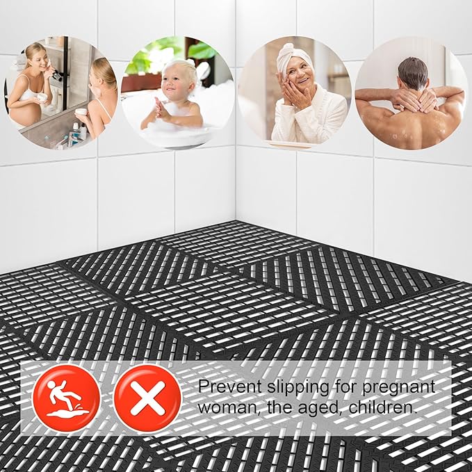 MYFAMIREA Modular Interlocking Cushion 12 Pack 11.8" x 11.8" Rubber Floor Tiles Non-Slip Splicing Drainage Mats for Deck, Pool, Shower, Patio, Balcony, Bathroom, Kitchen, Yard (Diagonal, Black) - Image 6