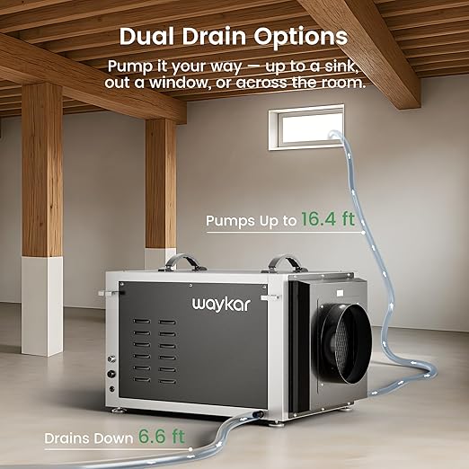 Waykar 158 Pints Crawl Space Dehumidifier with Remote Control and Pump, Dual Duct HVAC Commercial Whole-House Dehumidifier for Basement, Industry Water Damage Unit - 5-Year Quality Coverage - Image 3