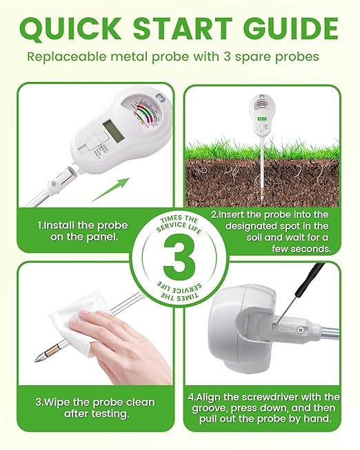 6-in-1 Soil Moisture Meter with 3 Probes, PH/Sunlight/Soil Moisture/Fertility with 3 Removable Probe, Digital Air Temp/Humidity, Soil Tester for Garden, Lawn, Indoor and Outdoor Plants - Image 5