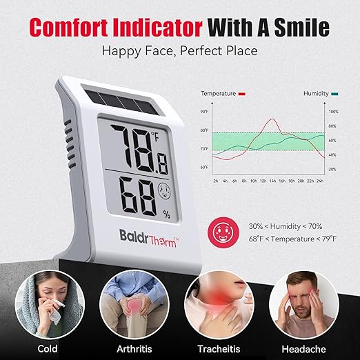 BaldrTherm 2.2'' Digital Thermometer and Hygrometer Meter, Solar-Powered Indoor Temperature Sensor Humidity Monitor, Humidity Gauge for Baby Rooms, Bedrooms, Home, Office, and Wine Cellars, 1Pack - Image 5