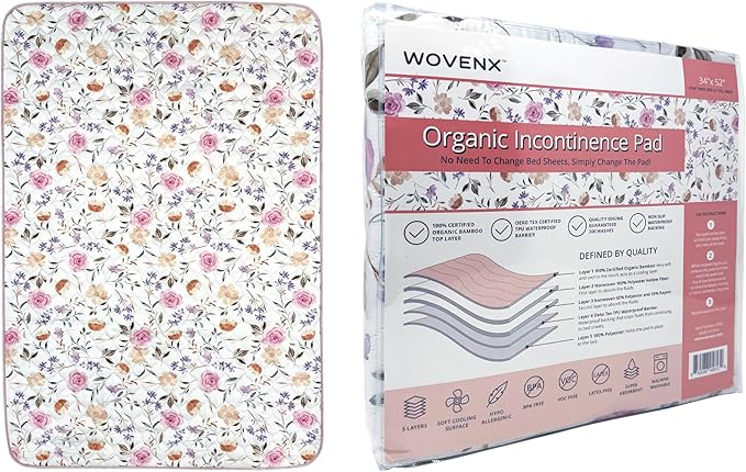 Organic Incontinence Pads for Kids & Toddlers - 5 Layer Waterproof Protectors for Overnight Bed Wetting - Reusable & Washable Pee Pads - Fits Twin to Full Size Beds - 34" x 52" Flower - Image 7