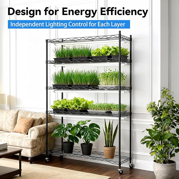 JESLED Indoor Greenhouse with Grow Light, 4FT Full Spectrum 5000K LED Light for Seed Starting, Tiered Lighting Control, Built-in Timer & Thermo-Hygrometer, Rolling Metal Plant Stand (47.2x13.8x70IN) - Image 6