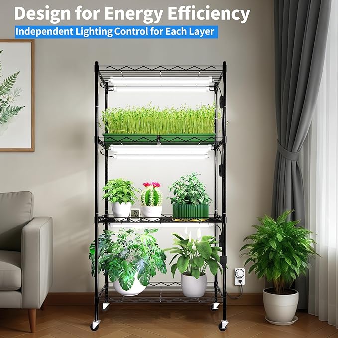 JESLED Indoor Greenhouse with Grow Light - Full Spectrum 5000K LED for Seed Starting, Tiered Lighting Control, Built-in Timer & Thermo-Hygrometer, Rolling Metal Plant Stand (23.6x13.8x59 in) - Image 6