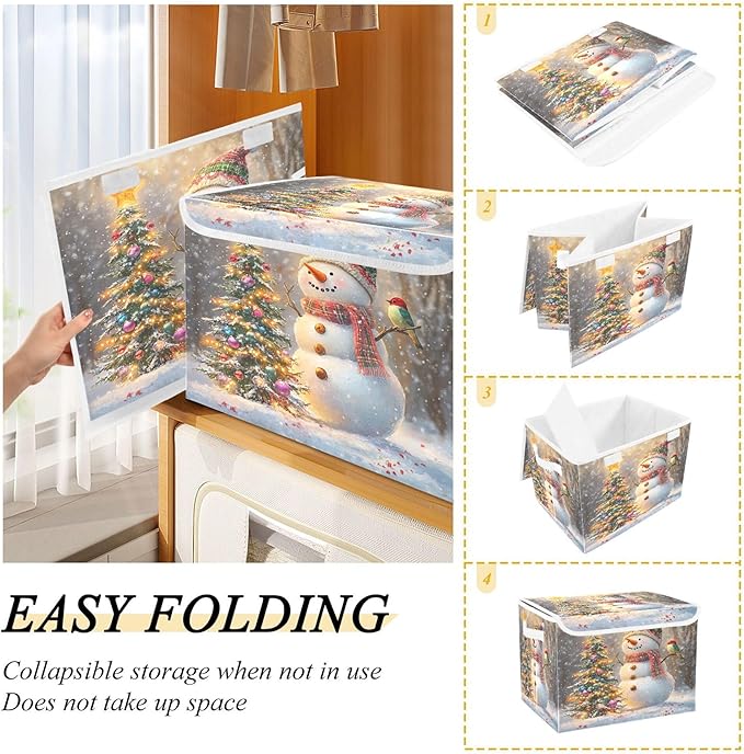 xigua Whimsical Snowman Storage Bins with Lids and Carrying Handle,Foldable Storage Boxes Organizer Containers Baskets Cube with Cover for Home Bedroom Closet Office Nursery - Image 4