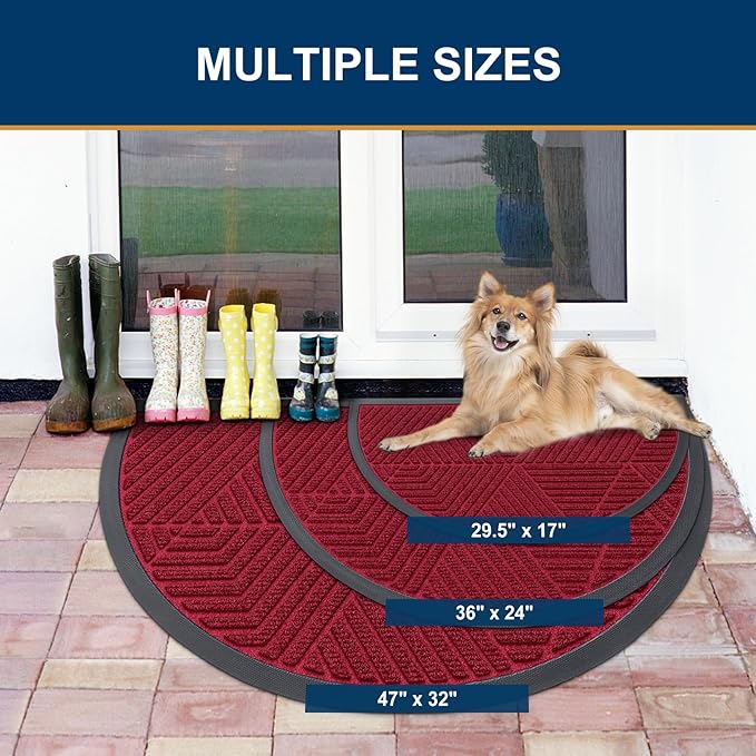 Smiry Half Circle Front Door Mat Outside Entrance, Heavy Duty Sturdy Natural Rubber Doormat, Trap Dirt and Moisture, Low Profile Mats for Indoor Outdoor Entry, Irregular Triangle (47x32, Wine Red) - Image 2