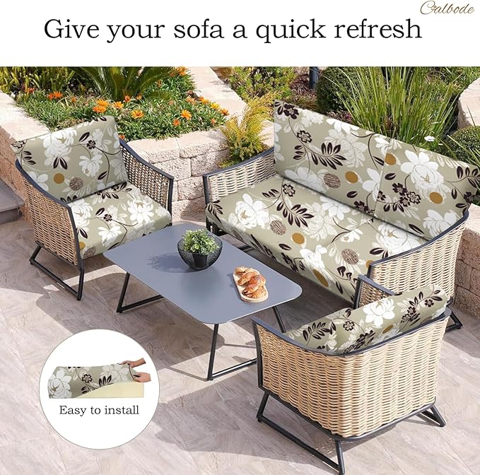 8 Pcs Waterproof Patio Cushion Covers, Floral Printed Stretch Outdoor Sofa Cover for Patio Furniture, Washable Chair Covers Reusable Furniture Protector for Fall Decor (Brown, Cover Only) - Image 5