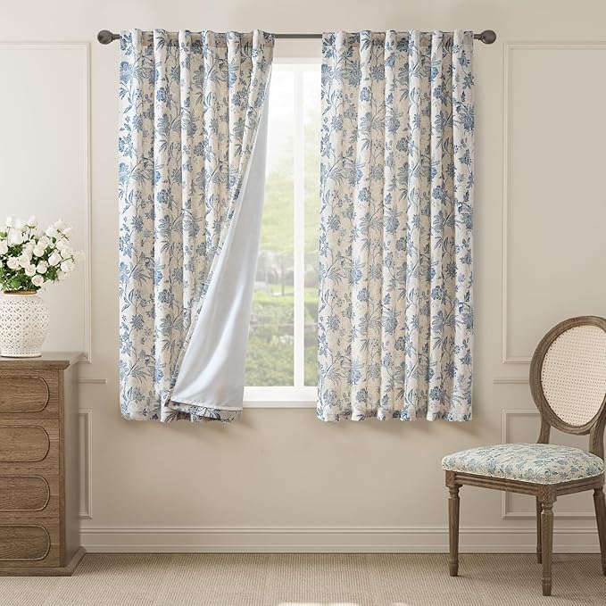 jinchan Lined Linen Floral Curtains for Living Room, 63 Inch Length Printed Flower Farmhouse Patterned French Country Back Tab Blue Window Drapes Set Privacy Bedroom Curtains, 2 Panels by JINCHAN
