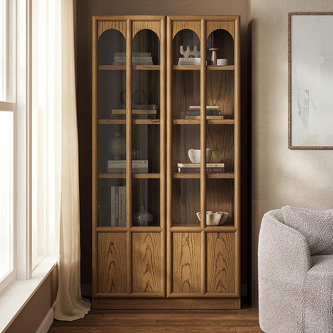 Modway Anwen 79" Wood Display Cabinet with Glass Doors in Oak – Modern China Cabinet with Arched Door Detail – Large Curio Cabinet for Collectibles - Image 2