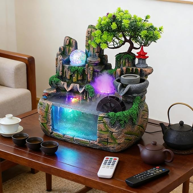 11.81" Creative Desktop Fountain Waterfall Bonsai w/LED Lights & Atomizer Tabletop Decor, Small Fish Tank Rockery Humidifier, Mini Rock Plant Artificial Bonsai Fountain Rockery for Office Home Decor - Image 9