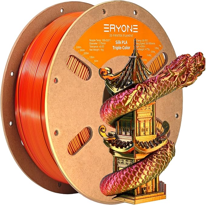ERYONE Silk Tri Color PLA Filament 3D Printer 1.75mm +/- 0.03mm, Multicolor Filament Tricolor PLA 1KG(2.2lbs) Cardboard Spool, Red Gold Black by ERYONE