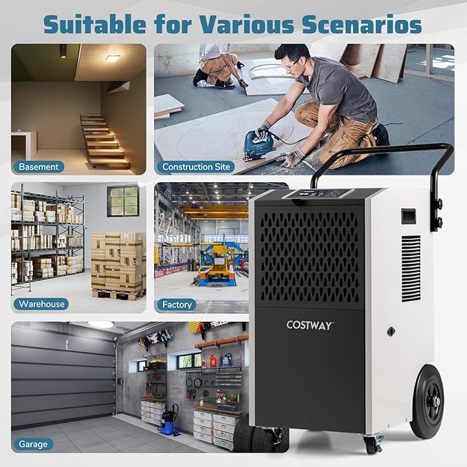 COSTWAY 154 Pints Commercial Dehumidifier with Pump, Portable Industrial Heavy Duty Large Dehumidifier with Drain Hoses for Basements, Job Sites (White) - Image 5
