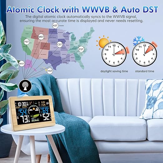 Weather Station Wireless Indoor Outdoor, Digital Thermometer, 7.5'' VA Display Home Weather Stations, Accurate Temperature Humidity Gauge with Weather Forecast, Atomic Clock,Khaki - Image 4