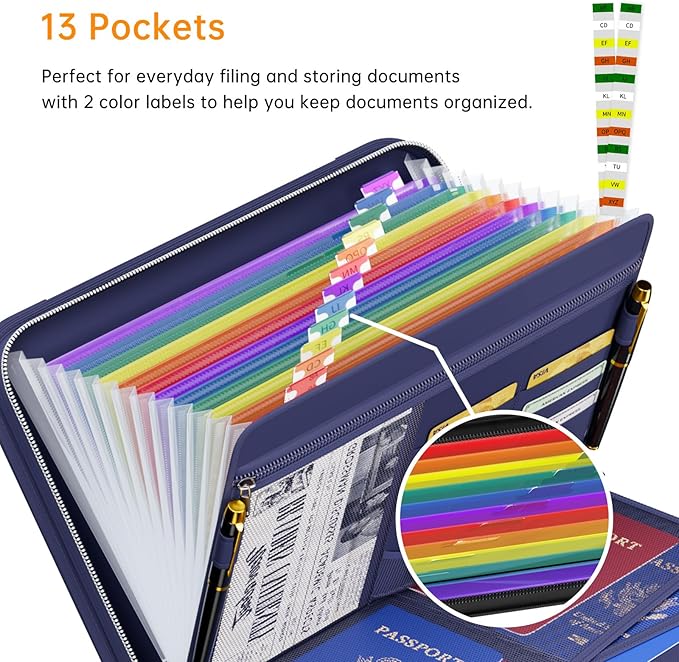 Tamfile Fireproof Accordion File Organizer with Handle, 13 Pocket Colorful Expanding File Folder with Zipper & Labels, File Folder with Multi-Pockets Paper Organizer Folder for Letter A4 Files (Blue) - Image 3