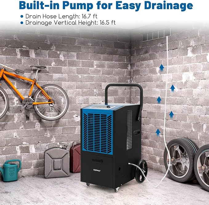 COSTWAY 163 Pints Commercial Dehumidifier, 4500 Sq.Ft Crawl Space Dehumidifier with Pump & Drain Hose, 24H Timer, for Basement, Warehouse, Job Site (Blue) - Image 3
