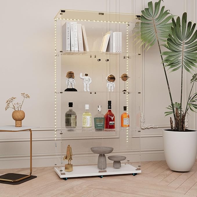 Yoluckea 4-Tier Glass Display Cabinet with Bluetooth LED Light Strip, 2-Door Floor Standing Curio Cabinet with Universal Wheel for Home Office Display, White Glass Bookshelf for Collections, Clear Top - Image 7