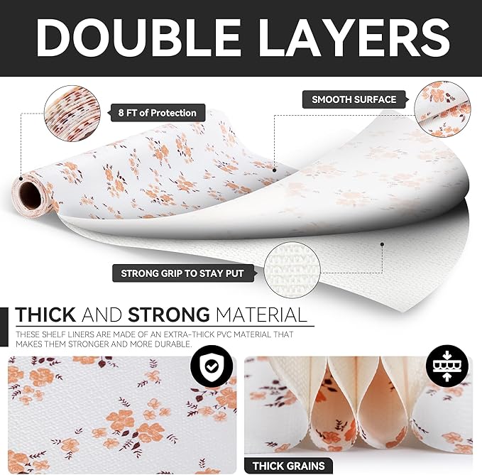 RAY STAR Shelf Liner, Non Adhesive Pink Orange Floral Printed Kitchen Cabinet Liner for Pantry Drawer Vanity, Strong Grip Non Slip, Shelf Liners for Kitchen Cabinets Cupboard 18 Inch x 8 FT (3 Rolls) - Image 7