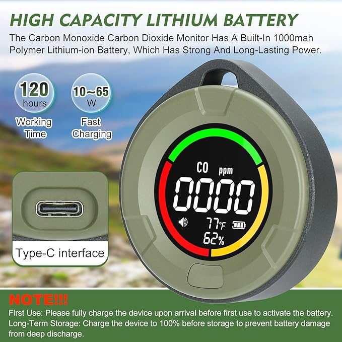 Portable CO ＆ CO2 Detectors for Travel, Mini 4-in-1 Carbon Monoxide and Carbon Dioxide Detector Monitor with Magnetic Suction, RV CO CO2 Alarm Temp/Humidity Sensor, 120-140HR Standby - Image 6