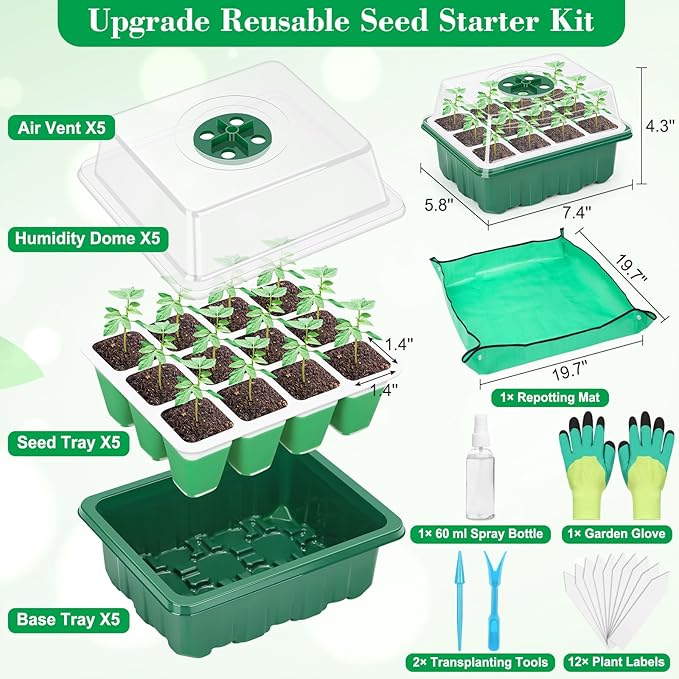Reusable Silicone Seed Starter Tray, 60 Cells Seed Starter Kit with Humidity Adjustable Dome and Lid, Plant Germination Trays with Repotting Mat 5 Packs Germination Kit for Seeds Grow Starting - Image 5