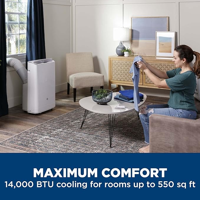 GE 9,950 BTU SACC Portable Air Conditioner for Medium Rooms up to 350 sq ft., Digital Controls, Remote Control, Perfect for Bedroom or Living Room, Easy Install Kit Included, White - Image 2