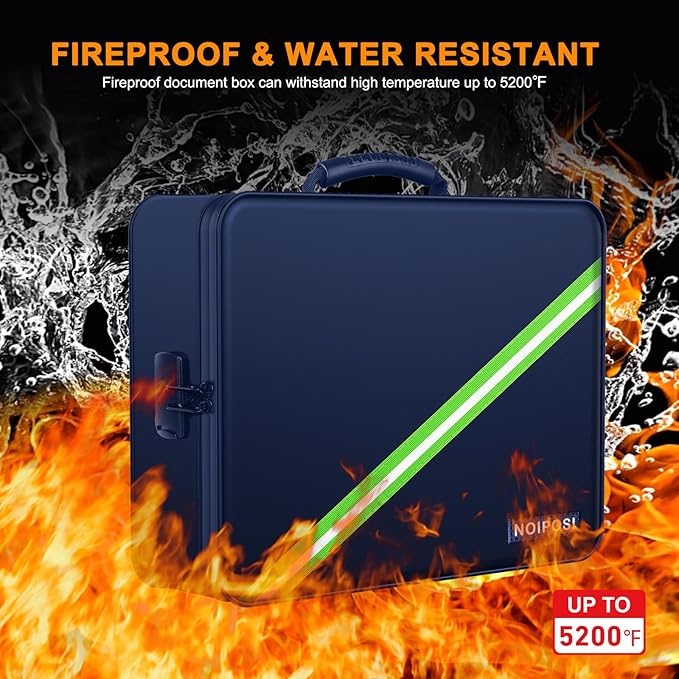 Noiposi Document Organizer with 5200℉ Heat Insulated,Waterproof and Fireproof Document Box,Portable Home Travel Safe Storage Box for Important Documents,File and Birth Certificate，Blue - Image 2