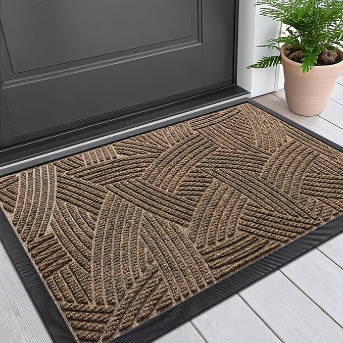 Smiry Front Door Mat Outside Entrance, Heavy Duty Sturdy Natural Rubber Doormat, Trap Dirt and Moisture, Easy Clean Low Profile Mats for Indoor Outdoor Entry, Interwoven Stripes 29.5x17, Brown by Smiry