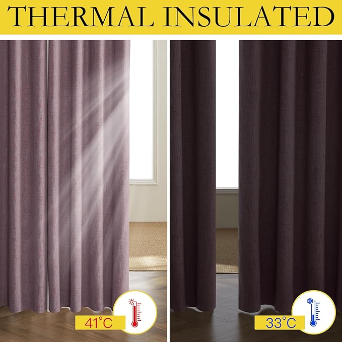 NICETOWN Chaise Mauve Vintage Linen 100% Blackout Curtains for Living Room, Thermal Insulated Curtains 102" Long, Noise Reducing Window Treatment Drapes for Hall Room, 52" Wide Per Panel, Set of 2 - Image 3