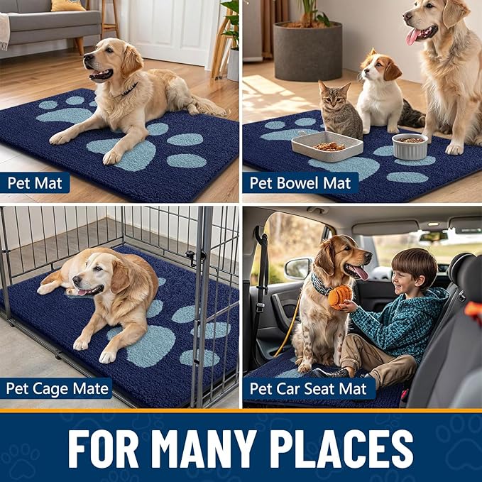 Smiry Dog Door Mat for Muddy Paws, Absorbs Moisture and Dirt, Low-Profile Entryway Mat with Non-Slip Backing, Entry Indoor Outdoor Doormat for Inside Floor (40x32 Inches, Dark Blue, Paw) - Image 9