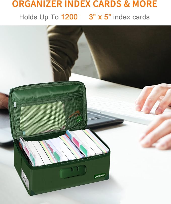 JUNDUN Index Card Holder with Lock,Collapsible Fireproof Index Card Box fits 1200 3x5-Inch Flash Cards - Business, Recipe, or Note Card Storage Boxes - Green - Image 3