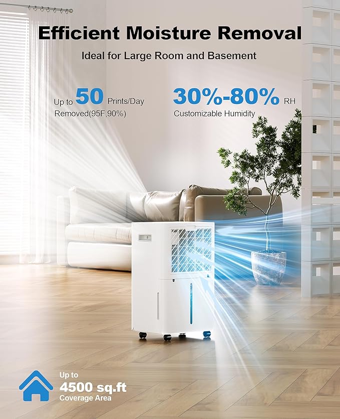 50 Pint Dehumidifier for Large Rooms & Basements, Up to 4,500 Sq.Ft, Automatic Humidity Control with Continuous Drain, Quiet 40dB, 24-Hour Timer, Wheels & Child Lock - Image 2