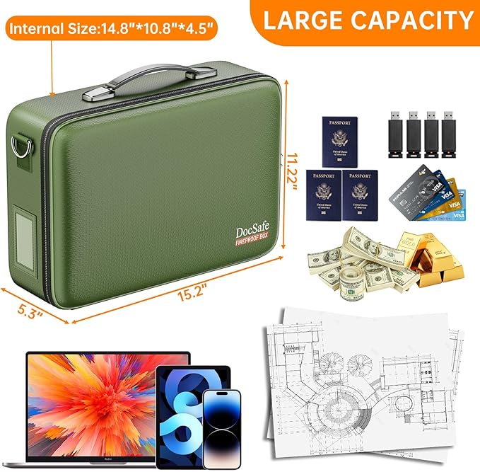 DocSafe Fireproof Document Box with Lock, Hard Case File Organizer with Accordion File Folder, Fireproof Water Resistant Safe Box Home Office Travel Storage for Important Documents Laptop Green - Image 5
