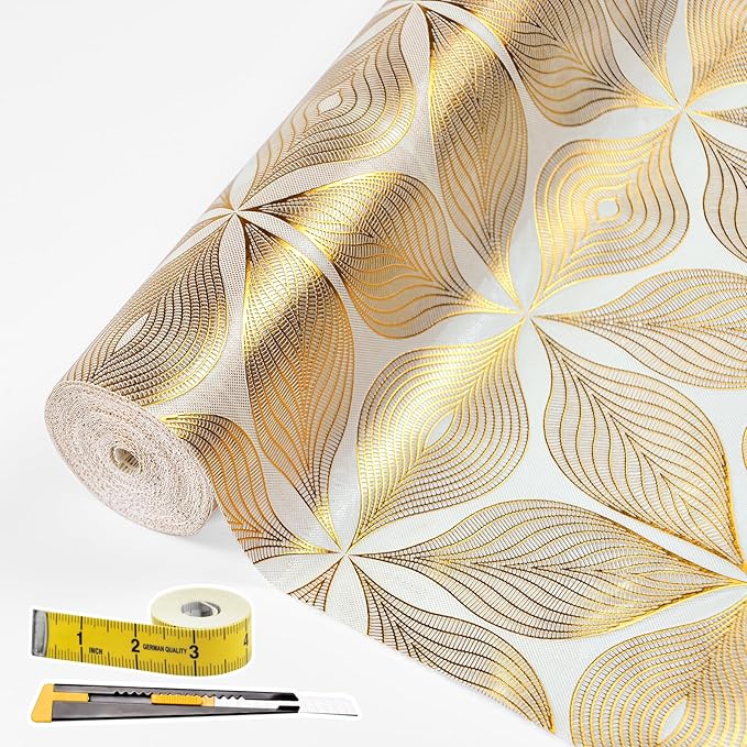 Drawer and Shelf Liner for Kitchen Cabinet,Non-Adhesive Waterproof Drawer Liner for Dresser & Bathroom Vanities with Adhesive Dots & Cutting Tool(12 in X 20 Ft Gold Leaf Pattern) by Adwann