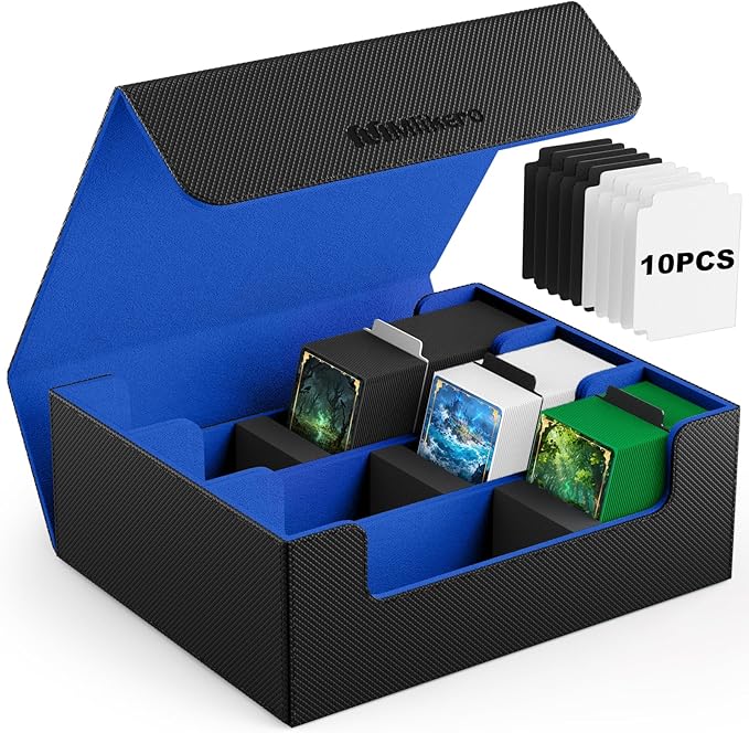 Mlikero Card Deck Case, 1800+ Trading Card Storage Box with 10 Dividers and 3 Foam Stoppers, Leather Magnetic Closure Commander Deck Box Fit for YuGiOh, MTG and Sport Cards(Black&Blue) by Mlikero