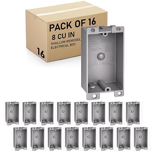 (16 Pack) Plastic Electrical Box, Shallow Remodel Box, 8 Cubic Inch Grey Outlet Box, Single Gang Old Work Junction Box, Length 4.25'', Width 2.4'', Depth 1.24'', Solid PVC Construction, ETL Listed by AirmontProducts