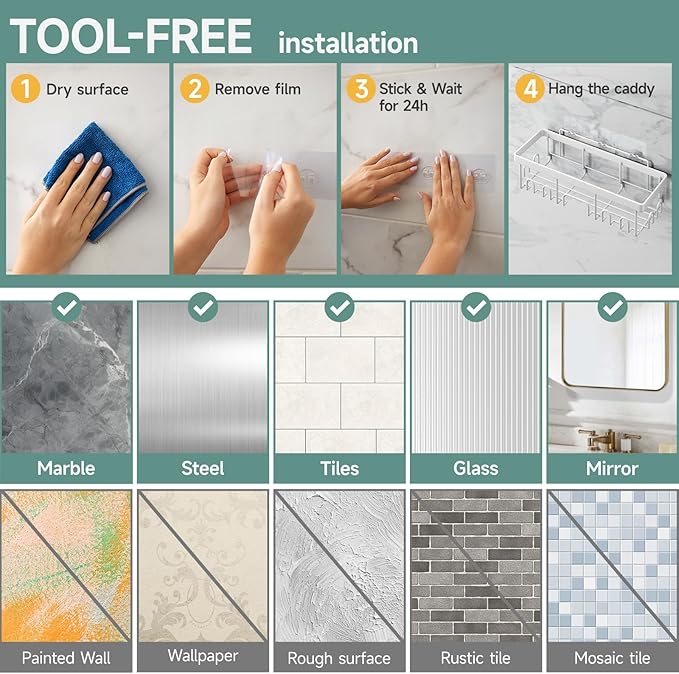 Veken Adhesive Shower Caddy 5-Pack,Heavy Weight Bearing,Large Wall Mounted Shower Shelves Rack,Organizer Storage Accessories with Soap Dish&Toothbrush Holder,Ideal for Bathroom,Home&Kitchen,White - Image 6