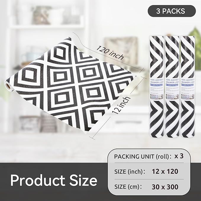 FIFTY FEET 12"x120" Non-Adhesive Shelf Liner for Kitchen Cabinets and Drawers, Washable Non-Slip PVC Cabinet Liner (Black Plaid)(3 Roll) - Image 5