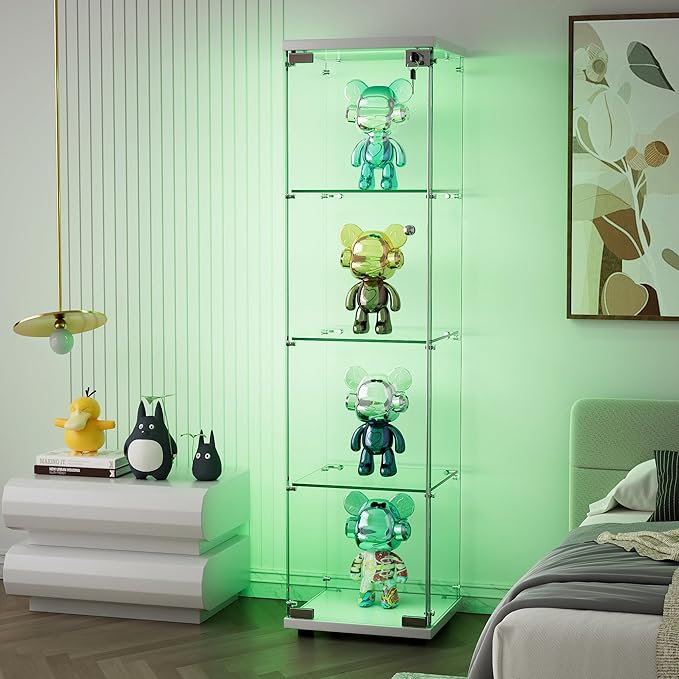 Yoluckea 4 Shelves Glass Display Cabinet with LED Light and Door, Curio Collection Glass Display Case for Home Office, Floor Standing Bookshelf Corner Cabinet (White) - Image 3