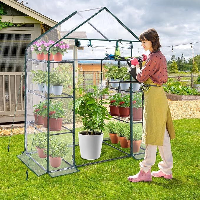 Ohuhu Small Greenhouse for Outdoors: 4 Tiers 6 Shelves Walk-in Indoor Green House Heavy Duty Plant Stands Reinforced Plastic PVC Cover Mini Portable Warm House for Outside, 4.8x2.5x6.4 FT - Image 2