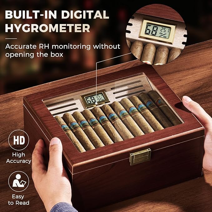 ProCase Wood Cigar Humidor Box, Wooden Desktop Cigar Storage Case, with Humidifier，Cedar Lining, Glass Top, Digital Hygrometer, Gift for Men Dad Boyfriend, Father's Day - Image 5