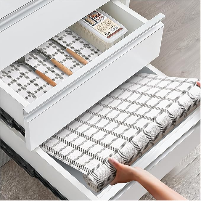 Drawer and Shelf Liner, Non-Slip Kitchen Cabinet Liners Non-Adhesive Thick Strong Grip Waterproof Washable Mats Protect Dresser Shelves Cupboard Bathroom Cabinets, White Stripes, 18IN X 30FT by ALIUNI