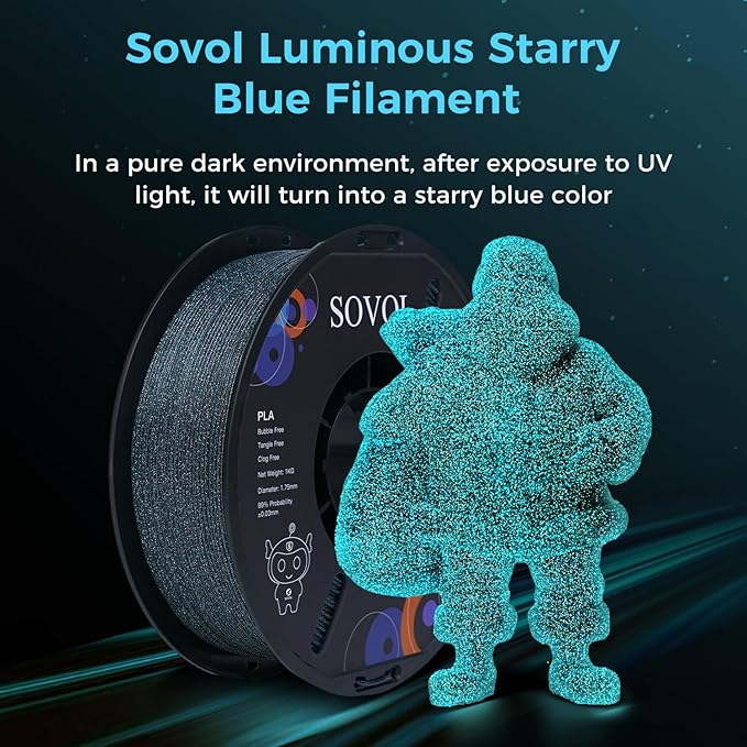 Sovol 3D Printer Luminous Filament, Glow in The Dark PLA 1kg (2.2 lbs) Spool 3D Printing Materials, Dimensional Accuracy +/- 0.03 mm, 1.75 mm, Shiny Blue - Image 2