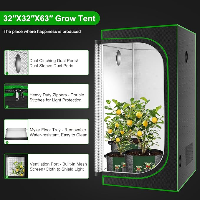 MELONFARM 32"x32"x63'' Grow Tent, High Reflective 600D Diamond Mylar Canvas with Observation Window and Floor Tray for Hydroponic Indoor Plant Growing - Image 4