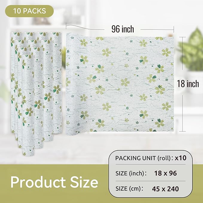 FIFTY FEET 12"x120" Non-Adhesive Shelf Liner for Kitchen Cabinets and Drawers, Washable Non-Slip PVC Cabinet Liner (Green Floral)(10 Roll) - Image 5