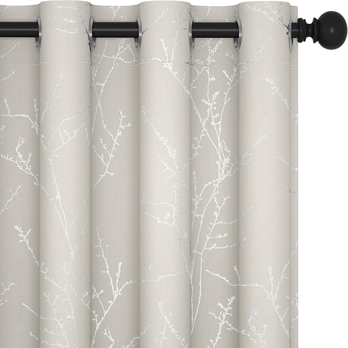 Deconovo Beige Blackout Curtains, Boho Farmhouse Curtain, Thermal Insulated Soundproof Drapes, Silver Branch Print, 52 x 84 Inch Long, Machine Washable Window Panels for Living Room Bedroom, Set of 2 by Deconovo