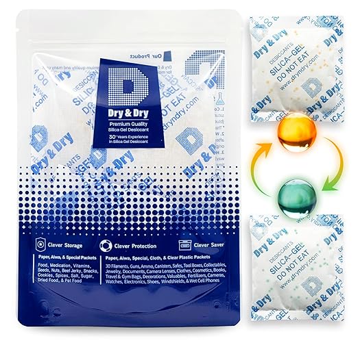 Dry & Dry 50 Gram [24 Packs] Orange Indicating(Orange to Dark Green) Mixed Silica Gel Packets - Food Safe Rechargeable Silica Packets Desiccants Silica Gel Packs Silica Gel Packets by DryDry