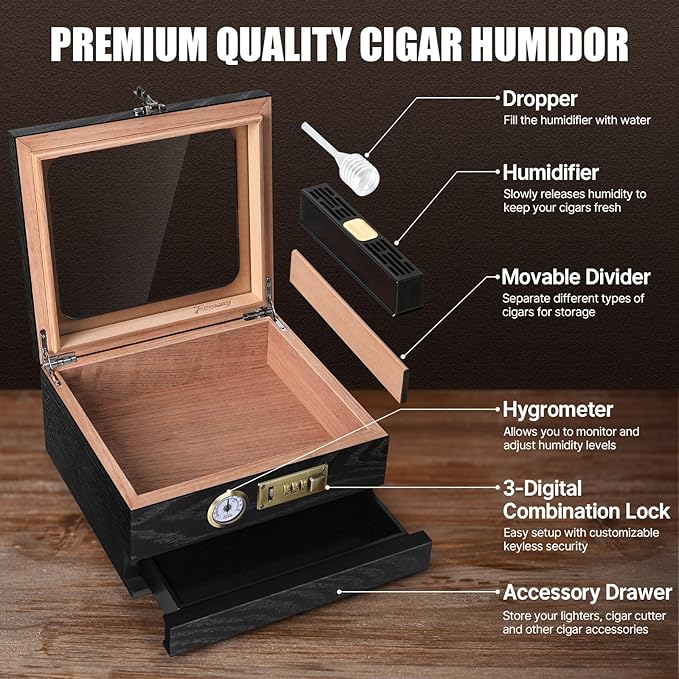 Cigar Humidor, Cedar Wood Humidor Cigar Box, Glass Top Desktop Humidor with Front Hygrometer, Humidifier, Divider, Accessories Drawer and Combination Lock, Cigar Gifts for Men (Black) - Image 2
